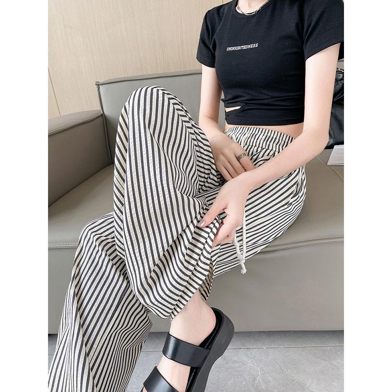 Summer New Fashion Simple Elastic High Waist Casual Wide Leg Pants Women's Print Stripes Patchwork Drawstring Straight Trousers