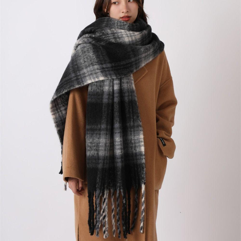 Tassel Plaid Wool Scarf Plush Long Shawl Retro Winter Cashmere Scarves  Autumn Winter