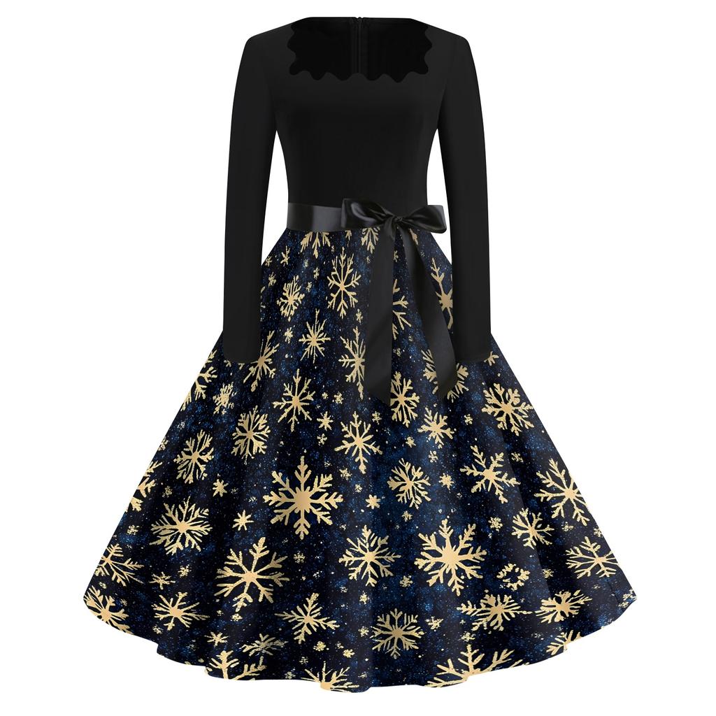 Women's Casual Christmas Print Square Neck Vintage Dress for Holiday Party and Everyday Wear