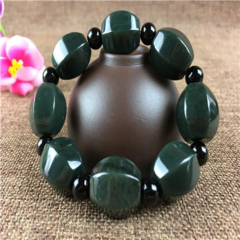 Natural Hetian Jade Bracelet, Green Black Obsidian Gemstone Beads, Faceted Prism Shape Crystal Stone Handmade Jewelry for Men Women