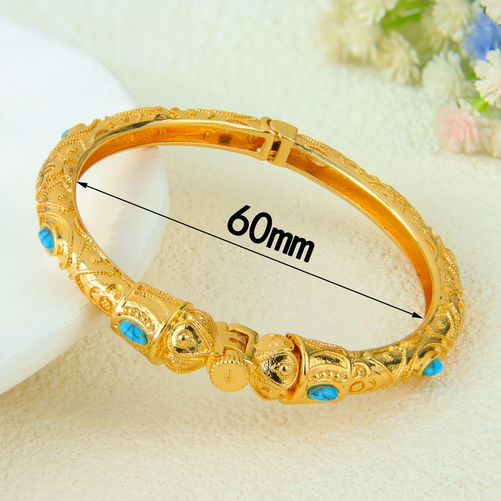 Ethiopia Classic Turquoise Bracelet 21k Gold Plated Dubai Charm Opening Bangles Oman Women Bridal Wedding Party Jewelry