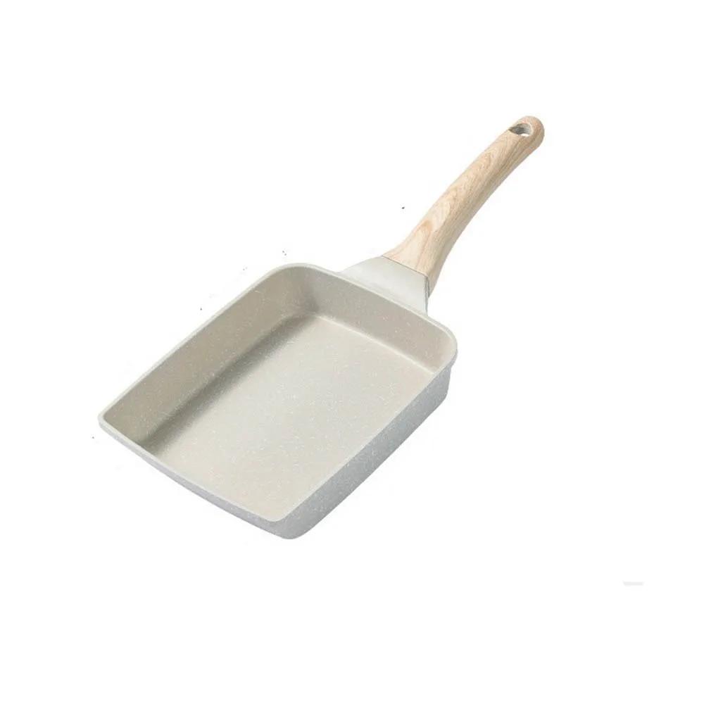 

Heat-Resistant Nonstick Flat Pan Nonstick Coating Flat Surface Omelette Pan Japanese Style Wood Handle Steak Frying Pan бежевий