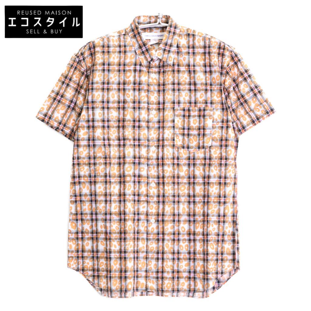 COMME Des GARCONS SHIRT S20031 Orange Cotton Check X Leopard Print Short Sleeve Shirt Tops M Orange blackUsed