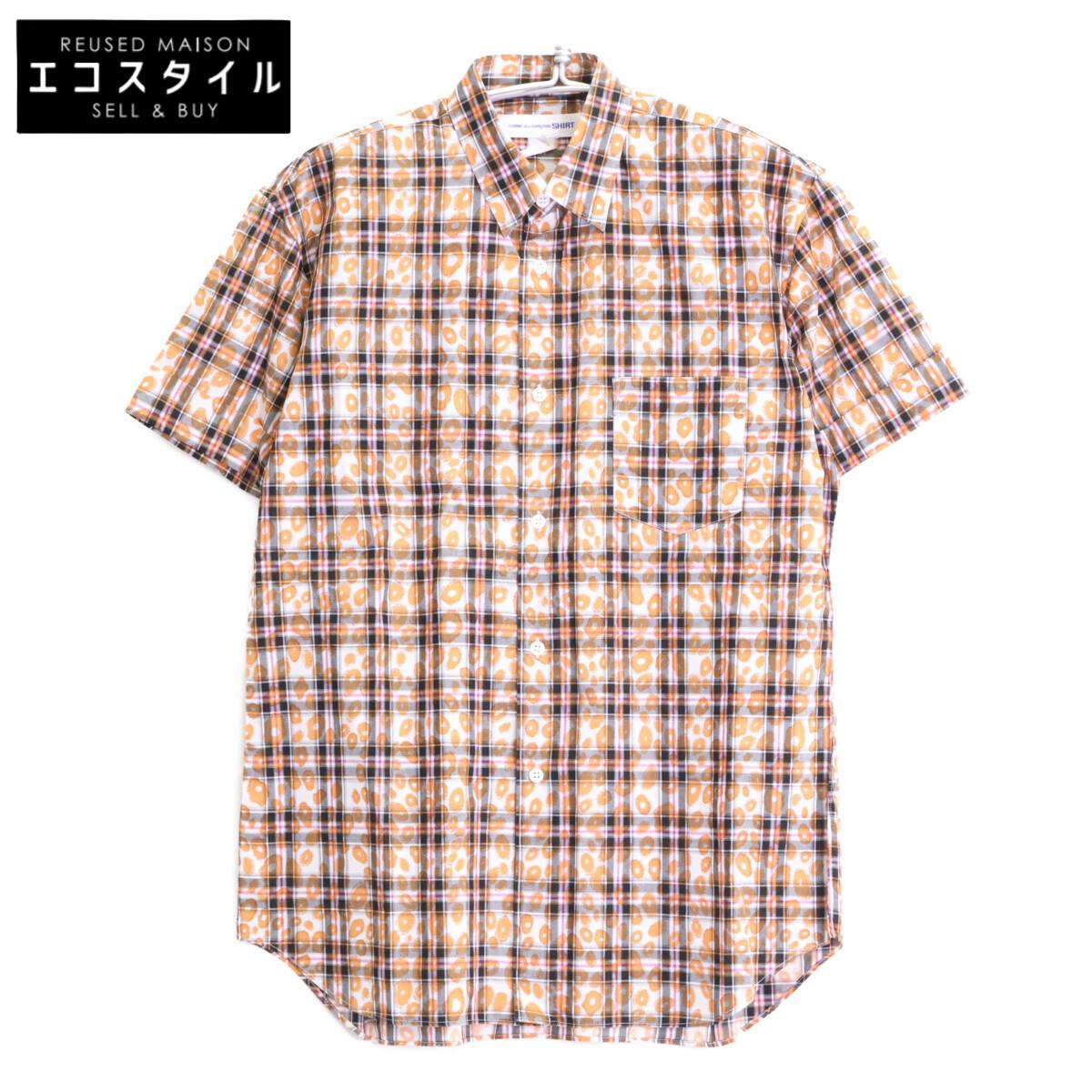 

COMME des GARCONS SHIRT S20031 Оранжевая хлопковая рубашка в клетку с леопардовым принтом с коротким рукавом топы M Оранжевый черныйБ/у