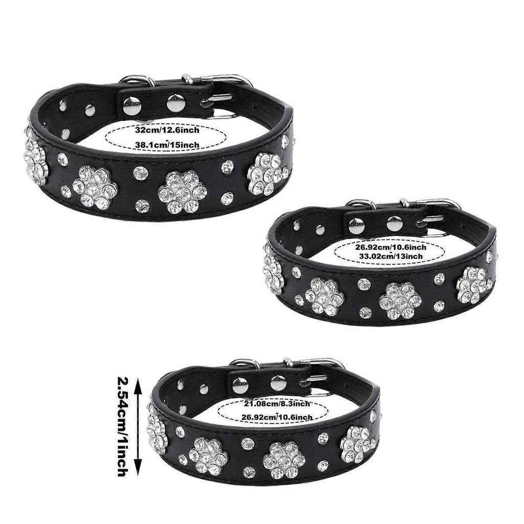 Cute Rhinestone Dog Collar with Diamond Flower Pattern, Studded Leather, Bow Tie & Mini Cow Bells – Compatible with Small, Medium & Large Dogs