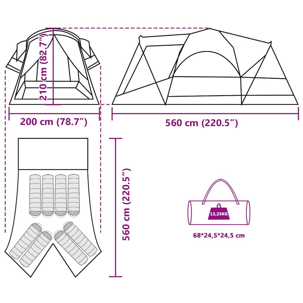 Tunnel Family Tent for 8 Persons Grey and Orange Waterproof
