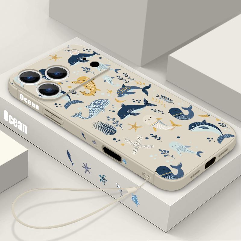 Jellyfish Dolphin Pattern Lanyard Case For iPhone 17 Pro Max Funda iPhone 16 15 14 13 Pro Max 11 16E 17E Soft Silicone Cover