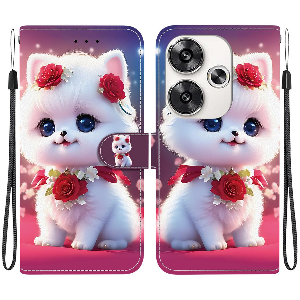 Handmade PU Leather Flip Case for Xiaomi Poco F6 Anti-Slip Shockproof Cover with Wrist Strap & Heart/Rose Cat Designs