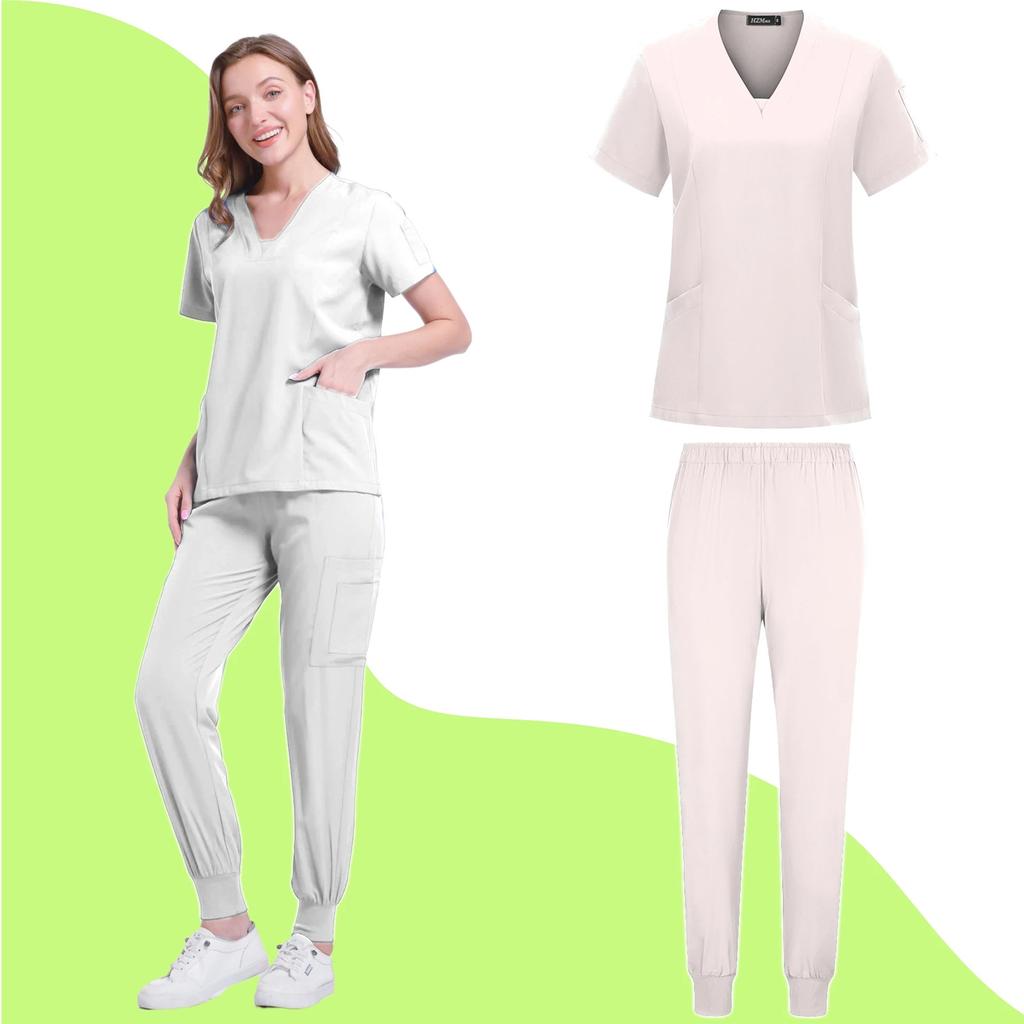 Costum de lucru pentru femei, larg și confortabil, cu mâneci scurte și decolteu în V, cu buzunare multiple