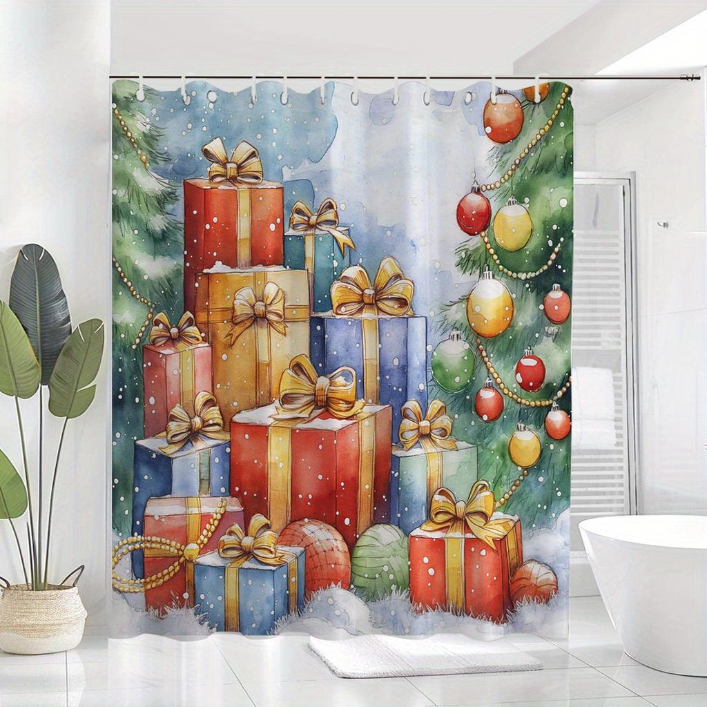 "Yuzhiyu Christmas Gift & Tree Shower Curtain - Polyester, Water-Resistant, 12 Hooks, Machine Washable, Digital Print