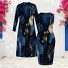 Women Plus Size Two Piece Set Long Sleeve Open Front Cardigan Sleeveless Printed Bodycon Dress Dark Blue