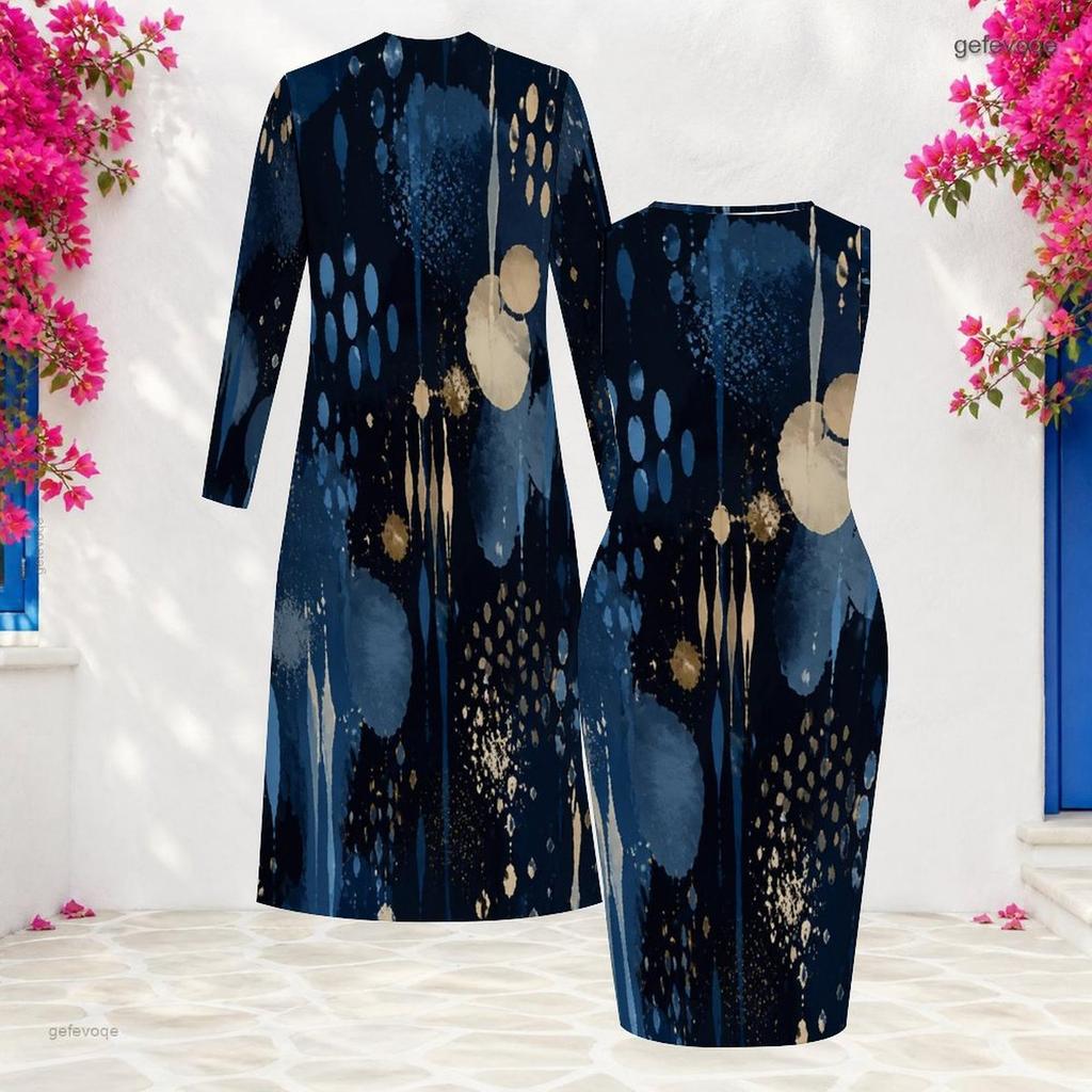 Women Plus Size Two Piece Set Long Sleeve Open Front Cardigan Sleeveless Printed Bodycon Dress Dark Blue