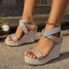 Fashion Women's Sandals 2025 Summer New Thick Bottom Cross Slope Heel Large Diamond Fish Mouth European and American High Heel Sandals