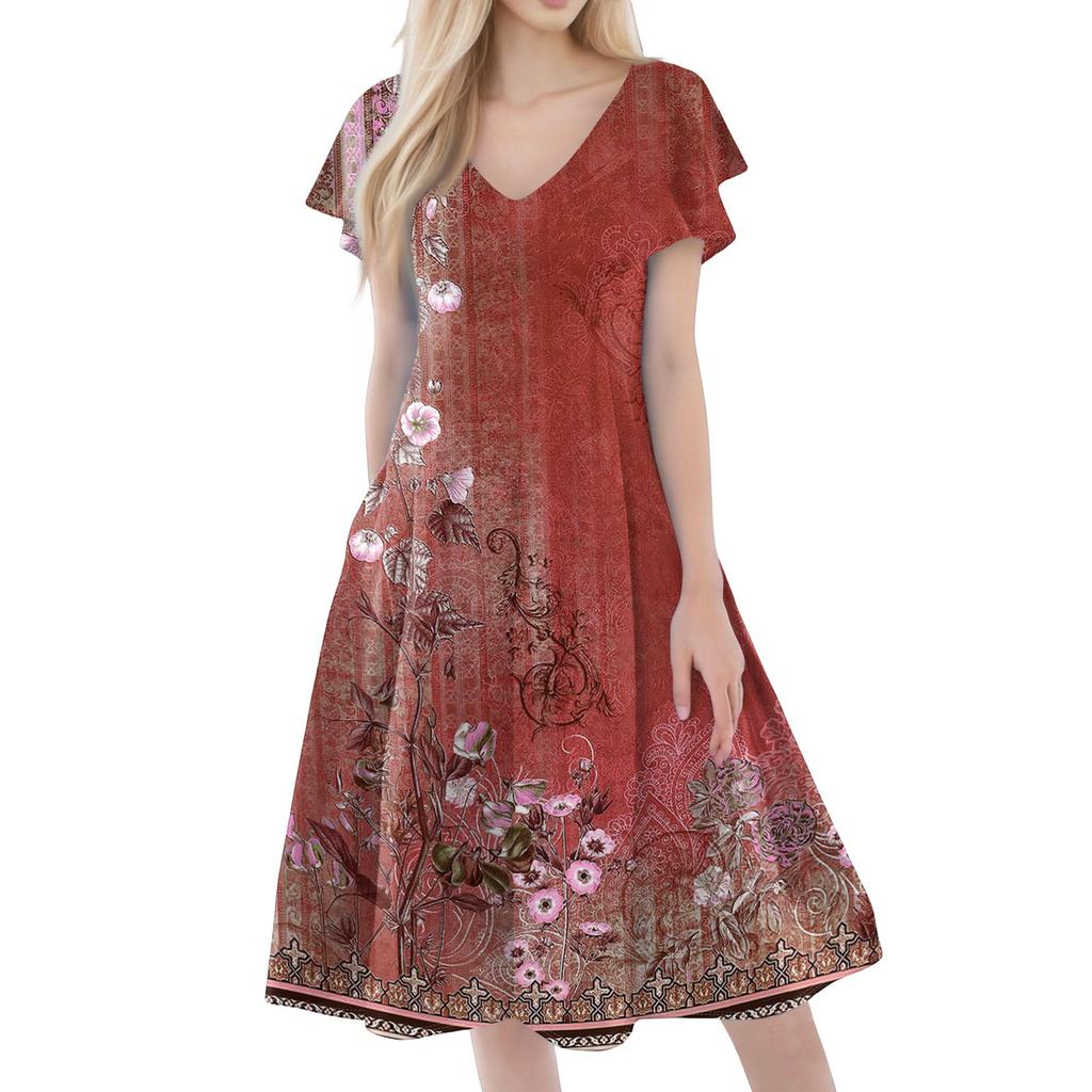 Women's Casual Fashion V-neck Short Sleeve Print Dress With Pockets