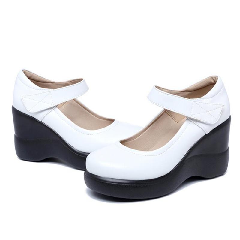 GKTINOO Round Toe Wedge Pumps Women Shoes Mary Jane Shoes Thick Bottom Leather Shoes Platform Pumps Brand New Large Size