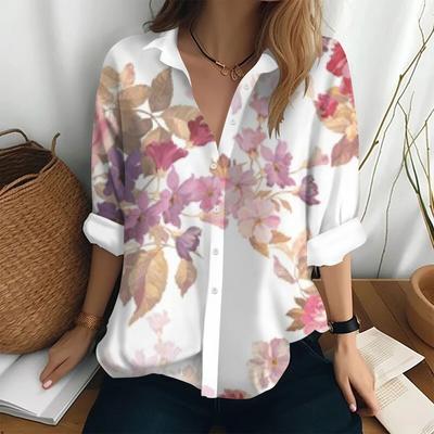 Summer Women's Shirt Long Sleeved Lapel Top Flower Pattern Casual Oversized Button Clothing Women Elegant and Fashionable Shirt