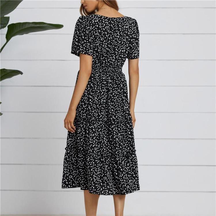 Summer Women Casual Dress Chiffon Medium Long A-Line Short Sleeve Square Collar Ruffles Dot Print Pattern Red Black Blue Green