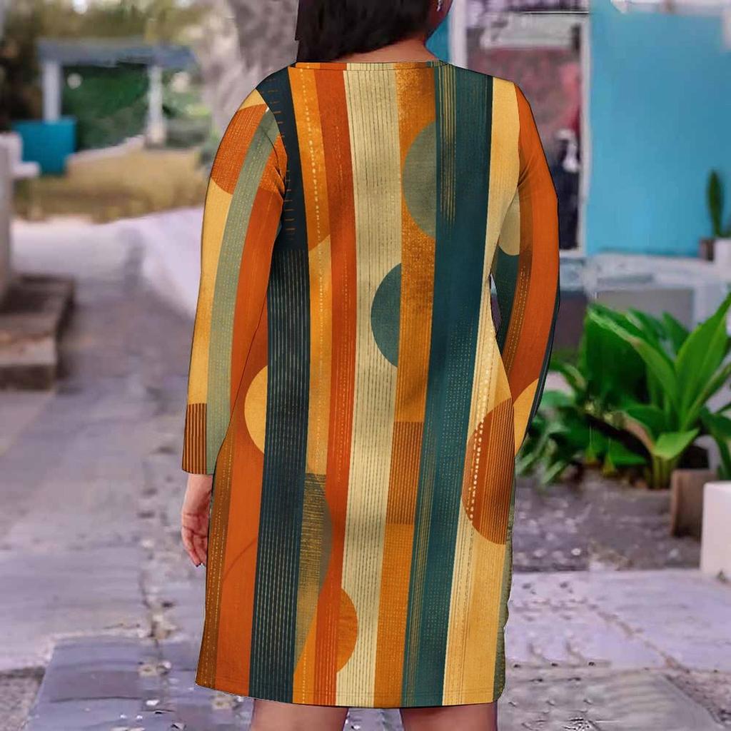 Women Plus Size V Neck Long Sleeve Printed Fitted Straight Hem Dress