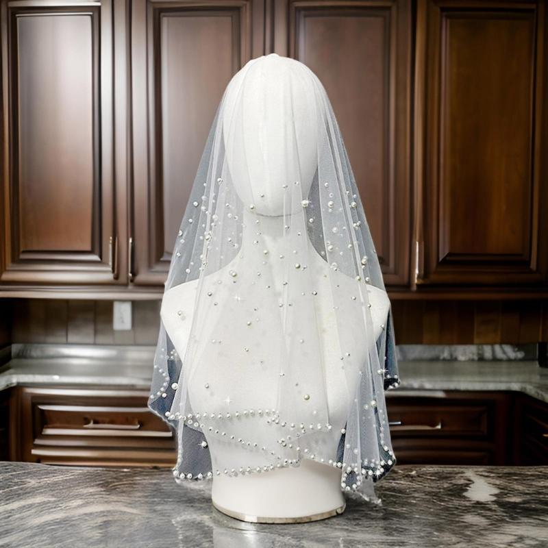 Wedding Veil Beaded Studded Pearls Encrusted Veil Bride Hair Accessoies Sheer