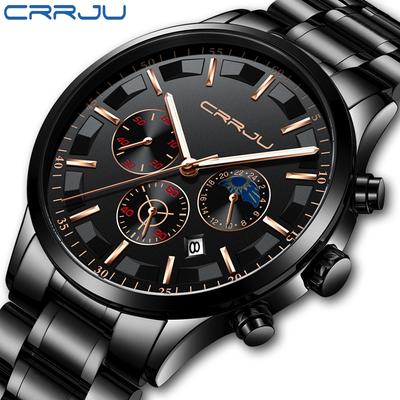 CRRJU New Men's Steel Belt Sports Watch Fashion Business Six-pin Multi-function Chronograph