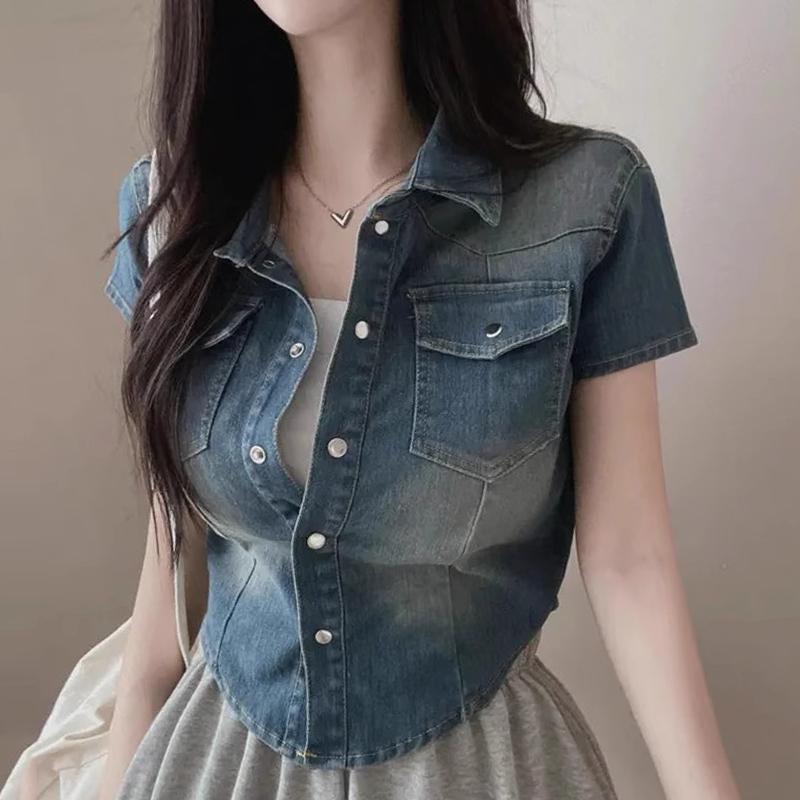 

90-е годы Корея шикарные летние ретро топы женские винтажные однобортные выцветшие облегающие рубашки универсальные изогнутые подолы короткие рукава джинсовое пальто M чёрный