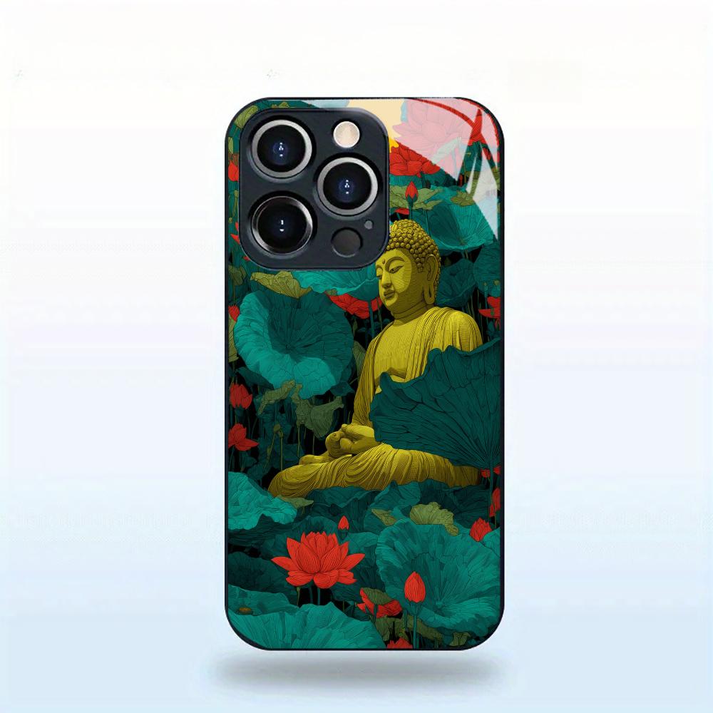 Buddha Statue Lotus Flower Tempered Glass Phone Case For iPhone 17 16 15 Pro Max 14 13 12 Full Lens Protection Hard Back Cover