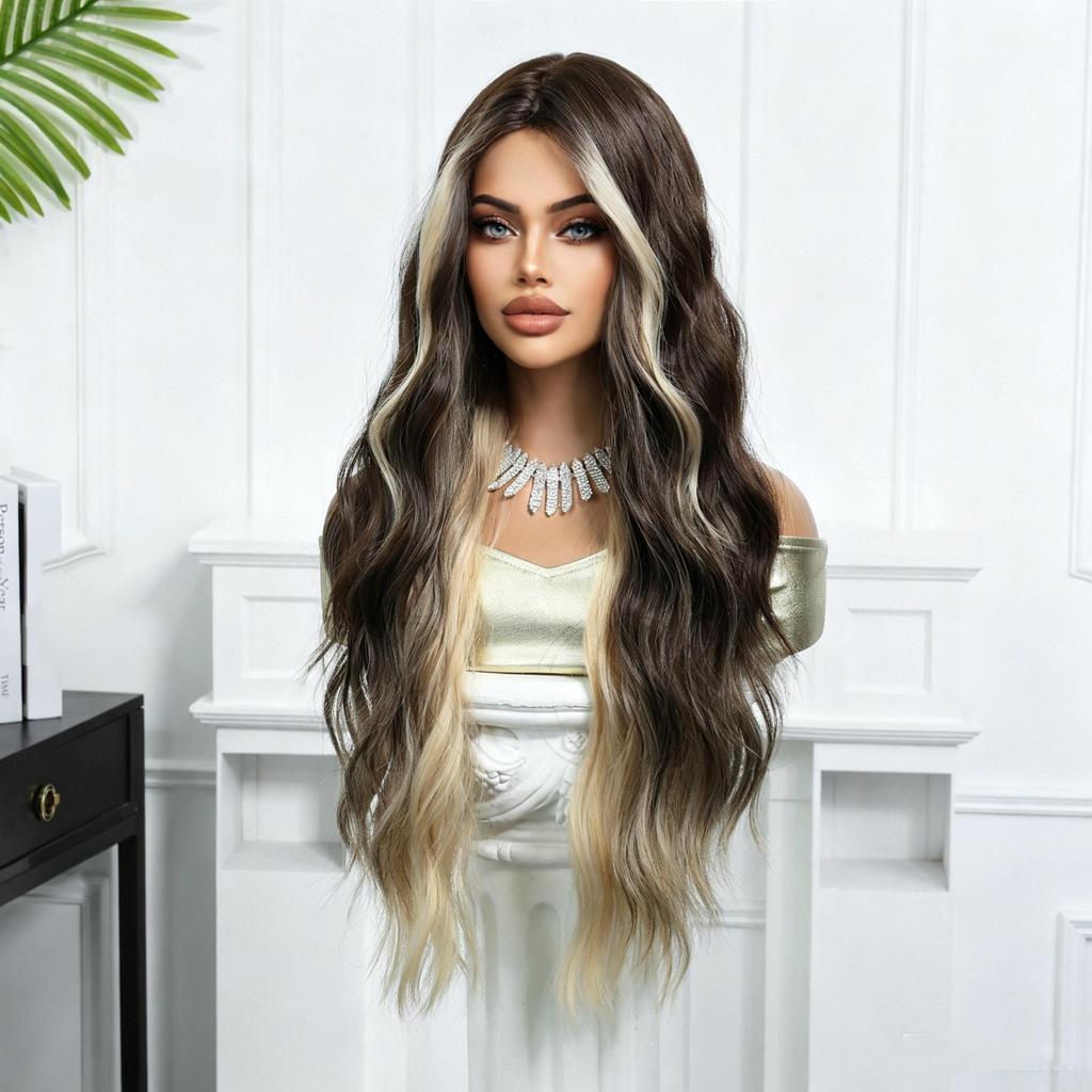 28in Long Wavy  Wigs Natural Highlight Platinum Heat Resistant Synthetic Fiber Women Body Wave Curly Wigs for Christmas Daily Party Daily Used