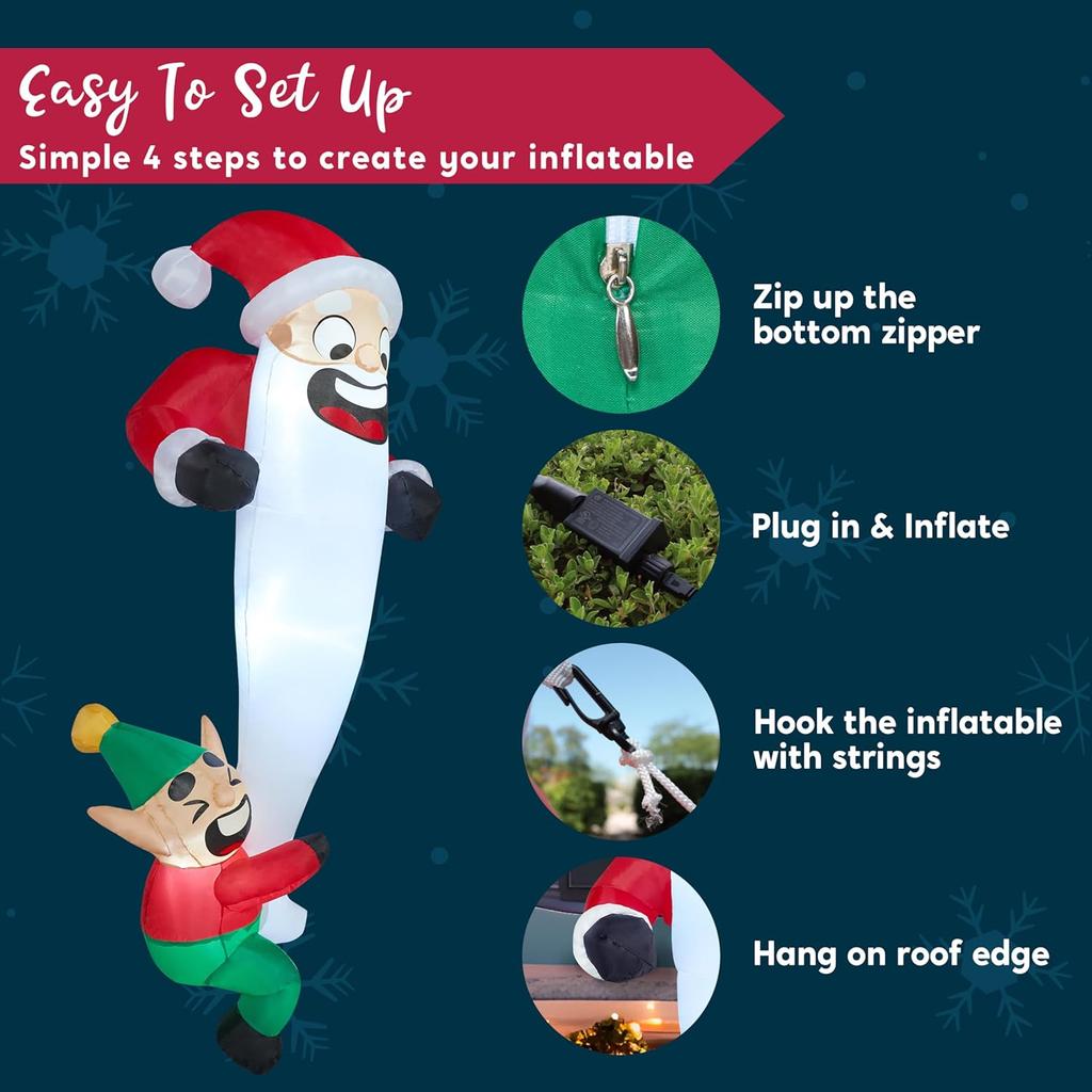 Joyfy 6 FT Christmas Inflatables Outdoor Hanging Elf Dragging Santa Beard with LEDs for Xmas Decor Yard Garden Holiday Party