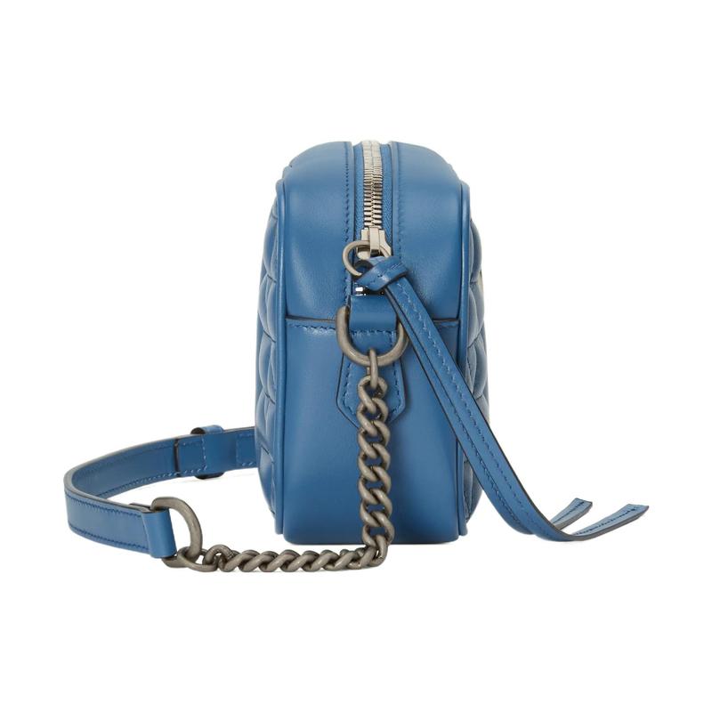 Gucci GG Marmont distressed Marmont silver logo vertical stripe twill quilted chain leather camera bag crossbody bag shoulder bag mini women's blue