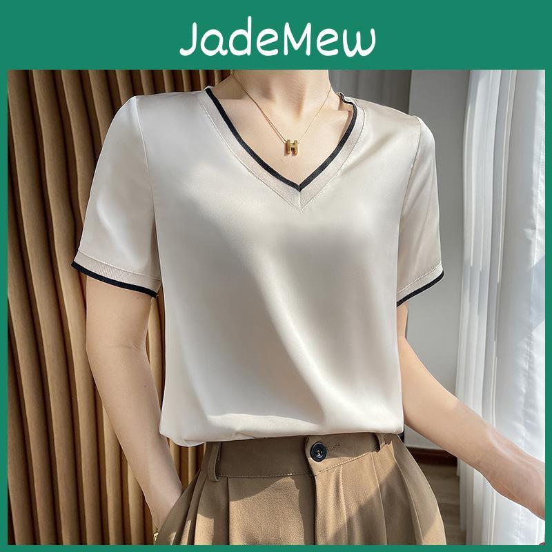 Satin Womens Tshirt Summer Silk Silk Vneck Mulberry Silk Short Loose Top Shortsleeved Tshirt