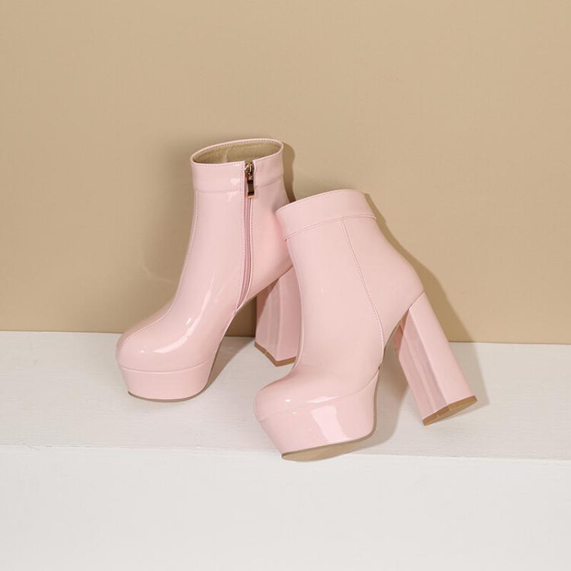 Jasná lakovaná kůže Růžové červené boty Ženy Robustní podpatky Platforma Goth boty Růžová Béžová Boty na vysokém podpatku 43