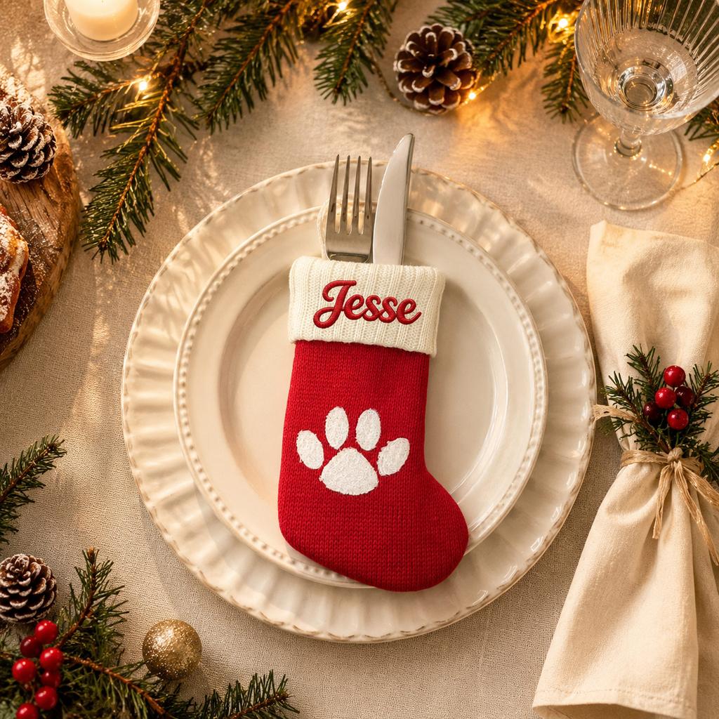 Personalized Christmas Ornaments with Embroidered Text, Knitted Dog and Cutlery Set - Holiday Tree Hanging Decorations