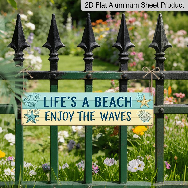 2D Flat, 1pc Rustic Coastal Aluminium Decorative Sign "Life's A Beach Enjoy The Waves" - Minimalist Nautical Beach Art with Wood Plank Decor