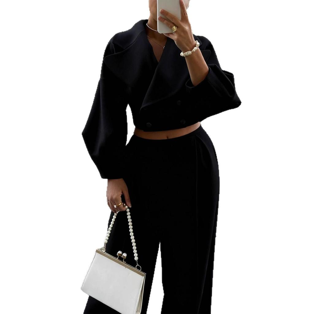 European & American Autumn/Winter Solid Color Wool Lapel Top & Casual Long Pants Set