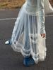 LUXI Korean Sweet Mesh See-Through Camisole Dress with Layered Blouse & Lace Long Skirt