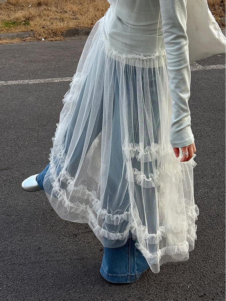 LUXI Korean Sweet Mesh See-Through Camisole Dress with Layered Blouse & Lace Long Skirt