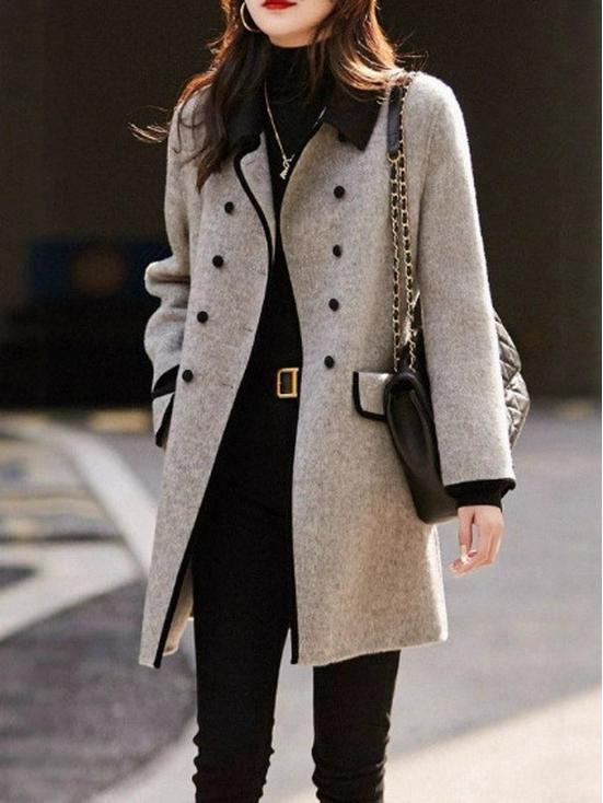 Women's Retro Double-Breasted Color Block Wool Coat - Mid-Length, Small Lapel, Spring/Autumn Fashion