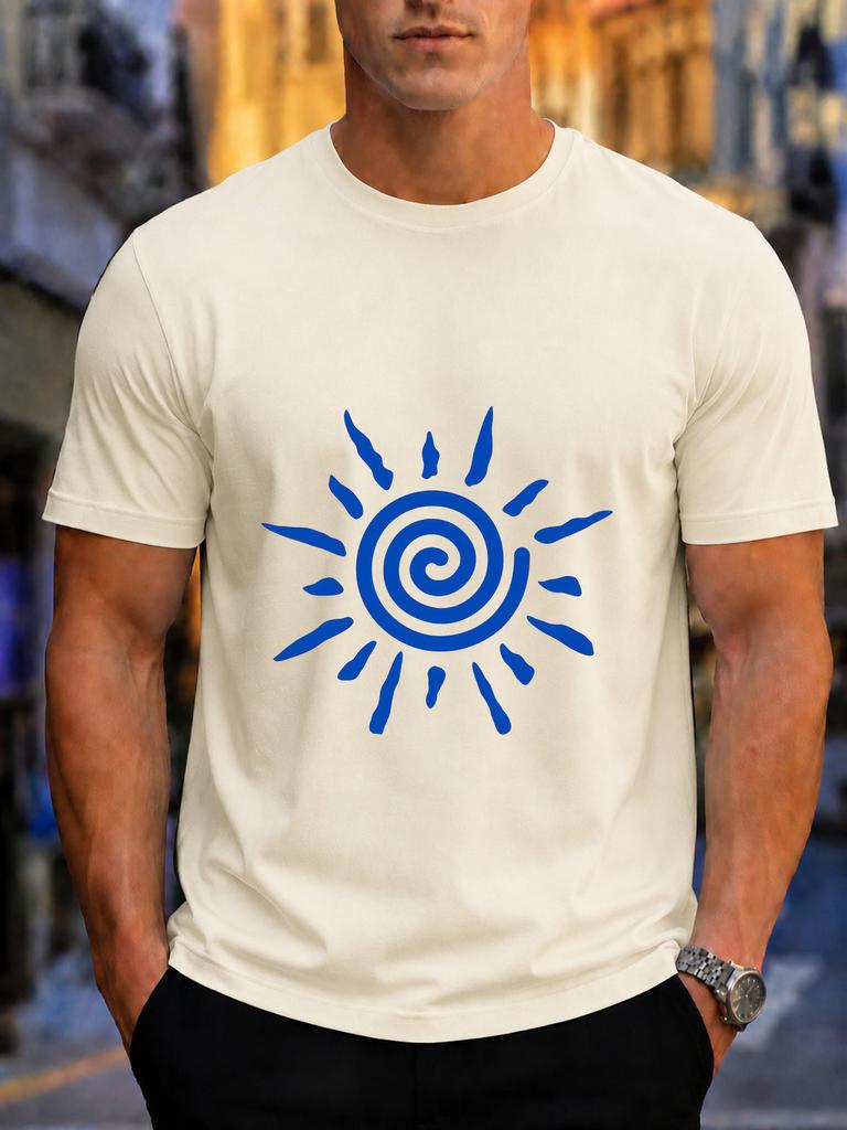 2026 New 100 Cotton Tshirt Tribal Spiral Sun Totem Minimal Blue Print Vintage Ethnic Unisexs Tee Casual Short Sleeve