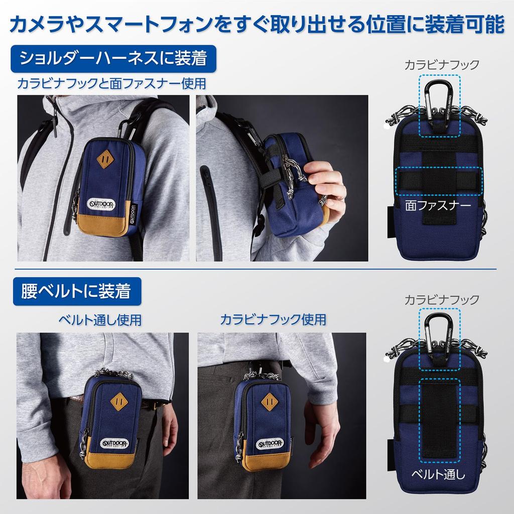 OUTDOOR PRODUCTS Camera Pouch Holds a Compact Camera and Smartphone Double Zipper Carabiner ODCP04NV 04, Navy, Simultaneously, Feature, Included,