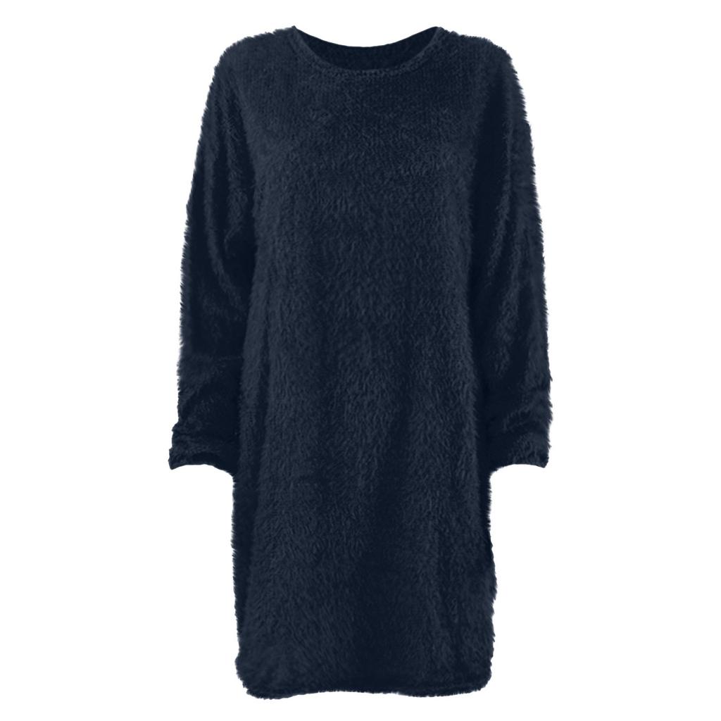 Suéter feminino de inverno tricotado com gola redonda quente manga comprida vestido casual