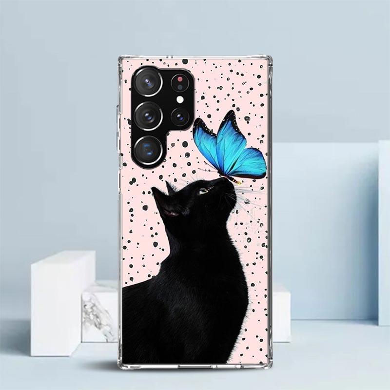 Black Cat Cartoon Cute Phone Case For Samsung Galaxy S24 S25 Edge S26 Ultra S22 S23 Plus S21 + S20 FE Soft TPU Back Cover Galaxy
