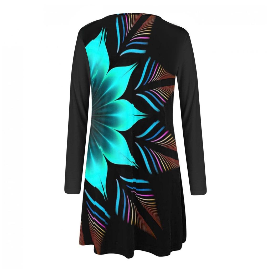 Women's Casual Printed Long Sleeve Dress Cutout Round Neck Loose Beach Short  Sun Dress