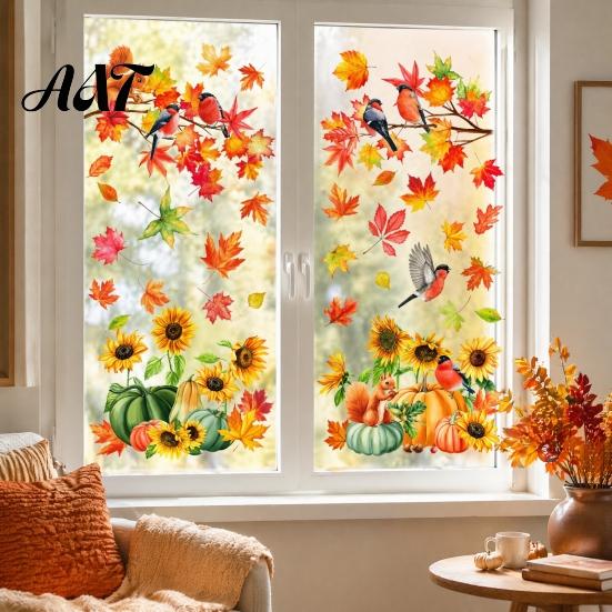 Klassenzimmer Herbst-Thema Dekorationen Herbsternte Fensteraufkleber, Sonnenblume Ahornblatt Kürbis Vogel Statische Klebefolien, Innen-Feiertagsdekorationen Wiederverwendbar