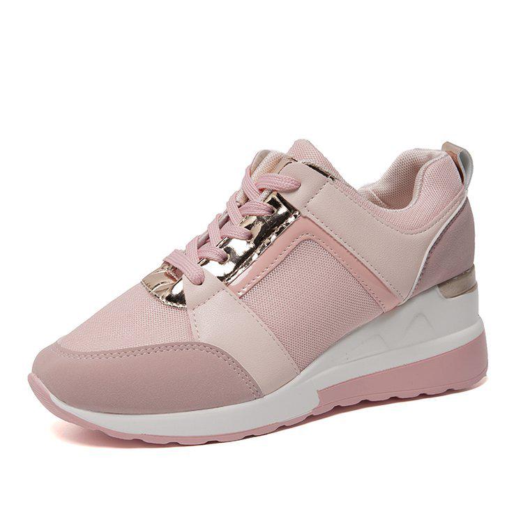 Women's Plus Size Wedge Heel Sneakers - Thick Sole, Breathable Mesh, Color Block Lace-Up