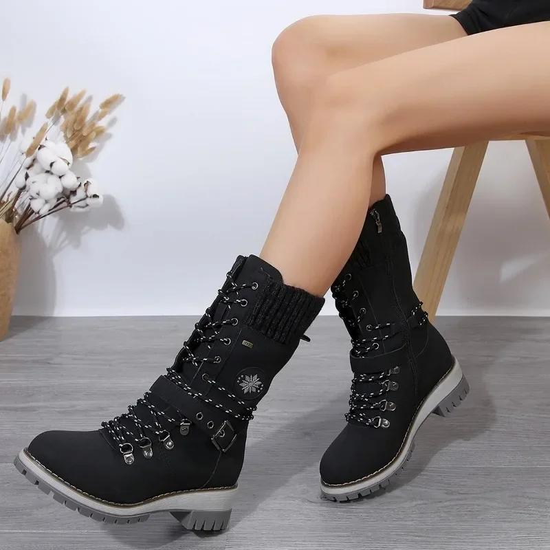Fashion Autumn and Winter New Mid-calf Boots Women's Low Heel Plush Line Side Zipper Comfortable Casual Non-slip Fashion Boots