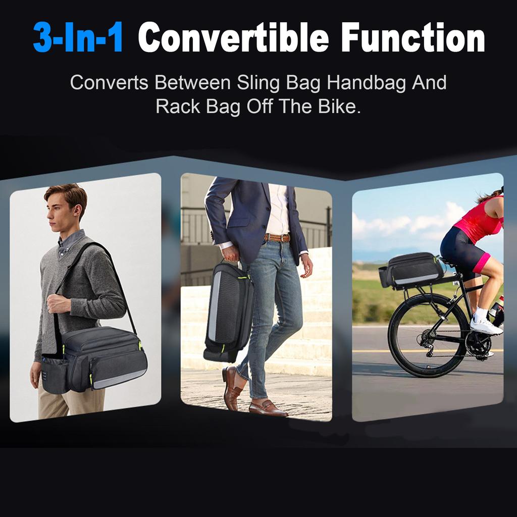 Bike Rack Bag Large Capacity 12L 3 in 1 Rack Shoulder Handbag with All Around Reflective Design for Cycling