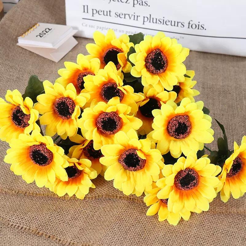 1 Bunch 7 Heads Artificial Sunflowers 29cm Shrubs Fake Flower Bouquet For Garden Bookstore Wedding Cafe Store Party Decor