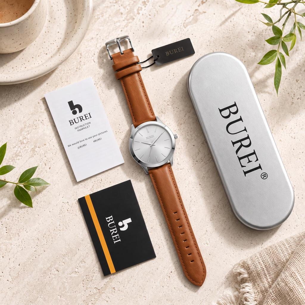 BUREI Analog Japanese Quartz Brown Leather Men's Watch, Movement, Waterproof, Popular, Slim, Simple, Stylish, Business/Casual, Strap.