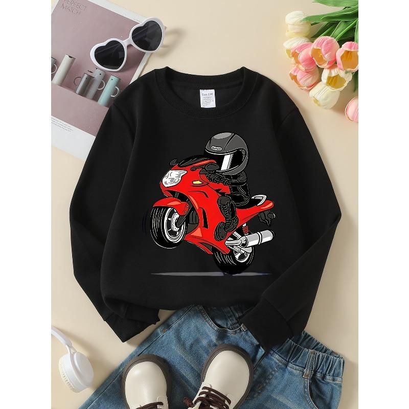 Red Motorcycle Rider Helmet Sport Bike Girls' Crew Neck Fashion Sweatshirt, Autumn and Winter Western Style Top, Children's Long Sleeved T-shirt