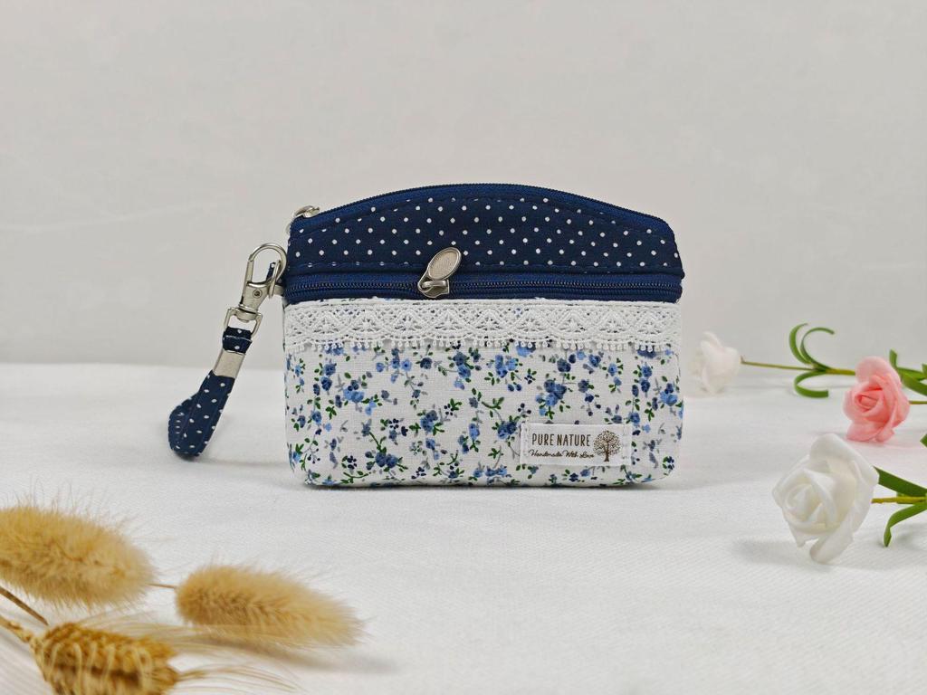 Pastorale Spitze Baumwolle Damen Doppel-Reißverschluss Münzbörse & Schlüsselanhänger